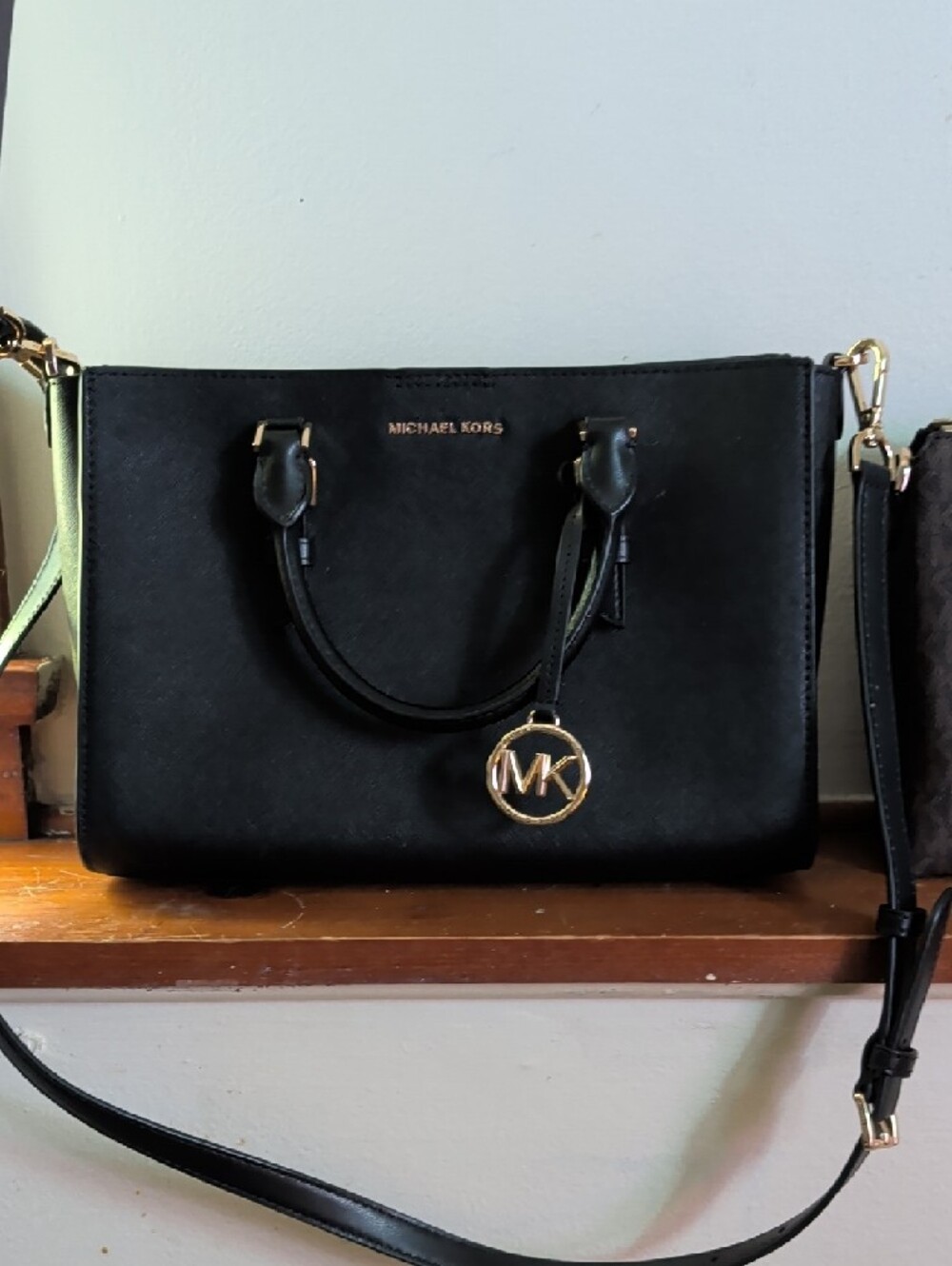 Michael Kors Black Leather Satchel with Monogram Crossbody Pouch - Picture 2 of 5
